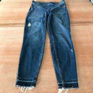 Spanx Skinny Pull On Jeans Women M Blue Mid Rise Distressed Pocket Stretch 18150